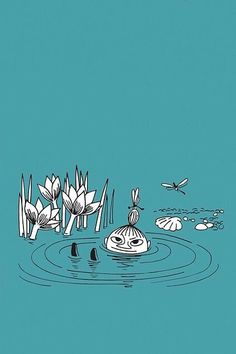 an image of a pond with flowers and birds in the water on a blue background