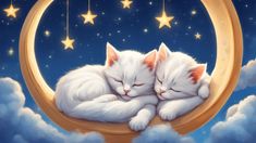 two white kittens sleeping on the moon with stars in the night sky above them