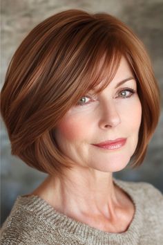 Side-Swept Bob Hairstyle on a woman in her 50s with short brown hair.