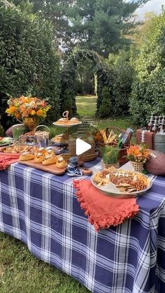 a picnic table with food and drinks on it in the grass near some bushes or trees