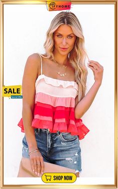 Red Gradient Ruffle Tiered Spaghetti Straps Tank Top Tiered Ruffle Top For Summer, Red Spaghetti Strap Summer Tops, Pink Tiered Top For Summer, Summer Pink Tiered Tops, Summer Spaghetti Strap Tops With Ruffle Hem, Summer Tops With Ruffle Hem And Tiered Shape, Summer Tiered Top With Ruffle Hem, Summer Tops With Tiered Ruffle Hem, Casual Tiered Summer Tops