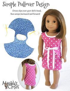 the doll is wearing a pink and blue dress with white polka dot print on it