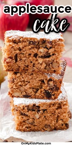 Slices of applesauce cake stacked high topped with powdered sugar with text title overlay. Apple Walnut Cake Recipe, Walmart Cake, Applesauce Recipes, Super Moist Cake, Walmart Cakes, Walnut Cake Recipe, Zucchini Chocolate Chip Muffins