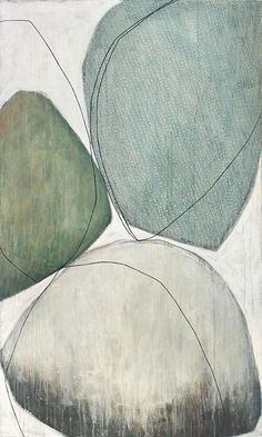 an abstract painting with green and white shapes on it's surface, including two large rocks