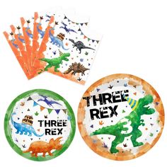 three paper plates with dinosaurs on them, one is green and the other is orange