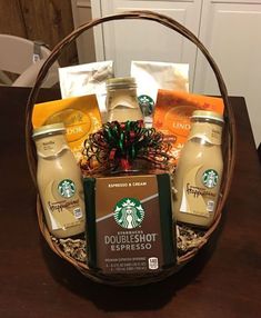 a basket filled with coffee and teas on top of a table