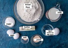 ingredients to make an egg cake laid out on a blue surface with words describing the ingredients