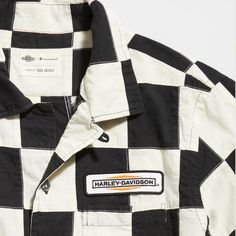 Harley Davidson X Champion X Todd Snyder Checkered Camp Collar Shirt White Cotton Camp Shirt For Streetwear, White Cotton Camp Shirt With Graphic Print, Chamois Shirt, Camp Collar Shirt, Armani Shirts, Black Plaid Shirt, Black And White Flannel, Shirt Jacket Men, Color Black And White