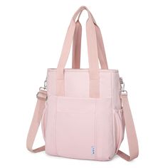 a pink handbag with straps on the front and shoulder strap, it has an open pocket