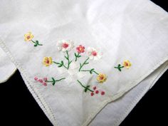 "CONDITION: excellent; pr-eowned Size: 9.5\" x 9.5\" (yellow and white) 9\" x 9\" (white and pink flowers) fabric feels like cotton hemstitched embroidered one corner with flowers and foliage (Internal Use Only: YE - h.nh / s - t.ah.nm / b-11dell.accs / *m1 / T0.3) (Internal Use Only: YE - h.nm / a.l-oh / Yn white / b-? / T0.3) (Internal Use Only: YE - h.nm / a.l-oh / Yn colored flowers / b-? / T0.3)" White And Pink Flowers, Embroidered Handkerchief, Frederick Md, Flowers Fabric, Cotton Bandanas, Colored Flowers, Silk Necktie, Fabric Flowers, Pink Flowers