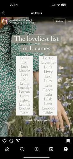 the lovely list of l's names is displayed on an iphone screen with flowers in the background