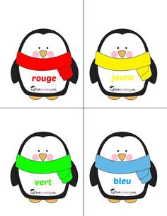 four penguins with different colors and names on their heads, one penguin is wearing a scarf