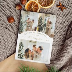 an orange slice and two photos on top of a card with the words happy holidays