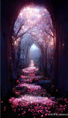 an image of a pathway that is surrounded by flowers and trees with the light at the end