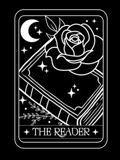 a black and white tarot card with a rose on the front, surrounded by stars