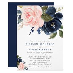 an image of a wedding card with flowers on the front and blue border around it