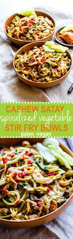 three plates filled with stir fry vegetables on top of a cloth covered table next to two bowls