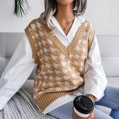 F00078427-104 Trendy Vest, Waistcoat Woman, Houndstooth Sweater, Sweater Vest Women, Loose Pullover, Casual Vest, Knitting Women Sweater, Loose Tops, Knit Vest