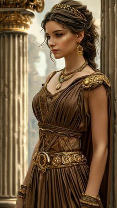 a woman in an ancient dress standing next to some columns and wearing gold necklaces