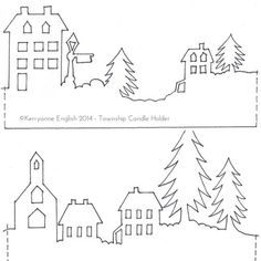 two drawings of houses and trees with the words, everyone english 2012 - 2013 township candle holder