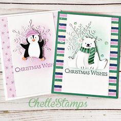 two christmas cards, one with a penguin and the other has a polar bear on it