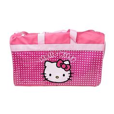 Fun and functional, this duffle bag packs style with the face of Sanrio's Hello Kitty! Measuring approximately 18"W x 11"H x 10"D, this smart storage solution includes a main compartment with a zippered closure and two side mesh pockets. Comes complete with a long, adjustable, removable, shoulder strap. Perfect for long road trips, flights, boat rides, and more! Officially licensed. Hello Kitty Travel Bag For Back To School, Pink Rectangular Duffle Bag For School, Hello Kitty Playful Travel Bag, Pink School Duffle Bag With Zipper Closure, Sanrio Backpack, Carry On Tote, Pink Duffle Bag, Hello Kitty Merchandise, Sanrio Pink