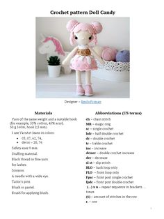 the instructions for crochet doll candy are shown in this page, which shows how to