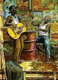 a painting of two men playing guitars in front of a store