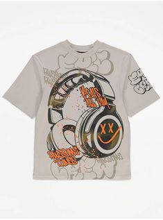 Stone Graffiti Headphone T-Shirt Headphone Design, Headphones Design, Tshirt Design Men, George At Asda, Power Girl, Tshirt Design, Fabric Shop, Jersey Fabric, Graffiti