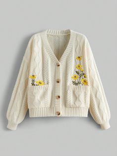 Albaricoque Casual Collar manga larga Lana Peinada Floral  Embellished Elástico Ligero Cottagecore Cardigan, Fashion Cottagecore, Áo Len Cardigan, Cottagecore Outfit, Drop Shoulder Cardigan, Cream Colored Sweater, Aesthetic Cottagecore, Cardigan Casual, Cottagecore Fashion