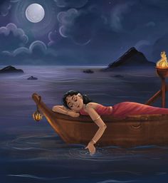 a painting of a woman floating on top of a boat in the ocean at night