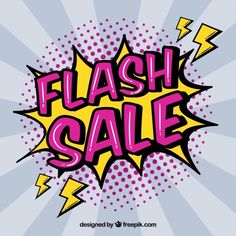 a flash sale sign with lightnings and stars in the background, on a gray background