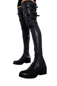 Heel height: 3.5cm Shaft height: 72cm Faux leather fabric Removable pouch pocket detailing Zip Up Side Over-the-knee style Round toe Short heel Thigh High Flat Boots, High Flat Boots, Faux Leather Pouch, Black Flat Boots, Thigh High Boots Flat, Platform Heels Boots, Thigh High Boots Heels, Short Heels, Animal Print Shoes