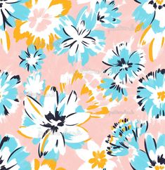 blue and yellow flowers on pink background with black, white, and orange accents in the center