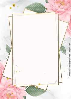 pink flowers and gold foil on a white background with a square frame in the middle