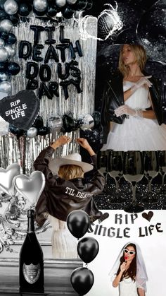 a collage of black and white photos with balloons, confetti, cake toppers, and other items