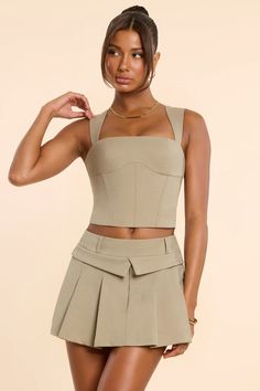 Maize Woven Wool Double Waistband Mid Rise Pleated Micro Mini Skirt in Taupe | Oh Polly Spain Vibes, Tailored Aesthetic, Fly Stitch, Black Backless Dress, Clothing Staples, Micro Mini Skirt, Tailored Design, Versatile Outfits, Bride Clothes