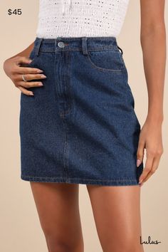 Pair a classic tee with the Lulus Enviably Cool Dark Wash Denim Mini Skirt for a look that everyone will compliment! Sturdy woven cotton denim shapes this easy-to-wear skirt that has a high waist, belt loops, a classic five-pocket cut, and a hidden zip fly with top button closure. Flaring silhouette ends at a mini hem. Fit: This garment fits true to size. Length: Mid-thigh. Waist: Fitted - very fitted at natural waist. Hip: Loosely Fitted. Fabric: Fabric has no stretch. Unlined. Shell: 100% Cott Y2k Fashion Skirts, Mini Skirt Blue, Casual Formal Dresses, Nashville Outfits, Lulu Fashion, Casual Wedding Dress, Skirt With Pockets, Dark Wash Denim, Skirts With Pockets