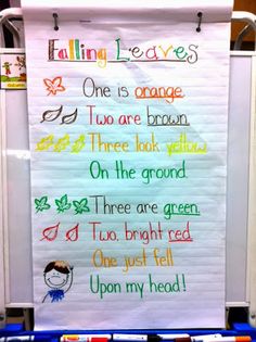 a bulletin board with writing on it in front of a classroom door that says falling leaves, one is orange two are brown