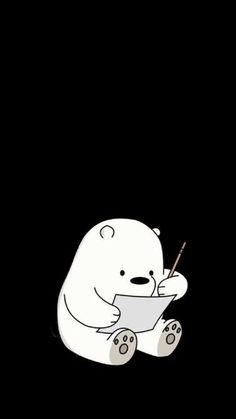 a white polar bear sitting on top of a black ground holding a pencil in its mouth