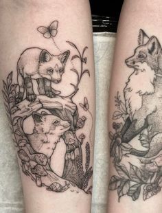 two tattoos on the legs of people with animals