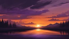 a painting of the sun setting over a lake with mountains in the background and clouds