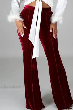 Olivia Mark - High Waist Red Solid Womens Casual Trousers featuring Stylish Patchwork Accents Slim Fit Casual Pants, High Waisted Flare Pants, High Waist Trousers, Casual Wide Leg Pants, High Waisted Flares, Wide Leg Linen Pants, Elastic Waist Pants, High Waisted Trousers, Waist Pants