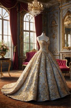 Golden Ball Gown Princesses, Princess Coronation Gown, Royalty Dresses Queens, Royal Coronation Gown, Royal Ball Gowns Princesses, Victorian Ball Gowns Princesses, Queen Aesthetic Outfit, Royal Gowns Princesses, Royal Gowns Queens