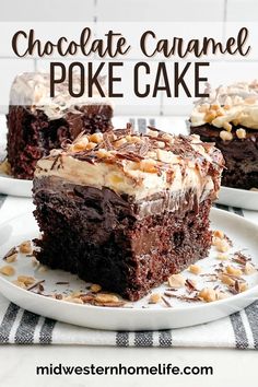 chocolate caramel poke cake on a white plate