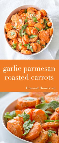 garlic parmesan roasted carrots in a white bowl with mint garnish