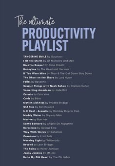 the ultimate productivity playlist is shown in blue and white, with words above it