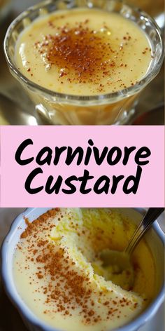 two bowls filled with different types of food and the words carnivor custard