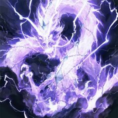 a purple and white dragon with lightning in the background