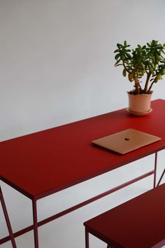 a laptop computer sitting on top of a red table next to a potted plant